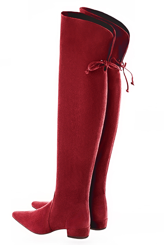 Burgundy red women's leather thigh-high boots. Tapered toe. Low block heels. Made to measure. Rear view - Florence KOOIJMAN